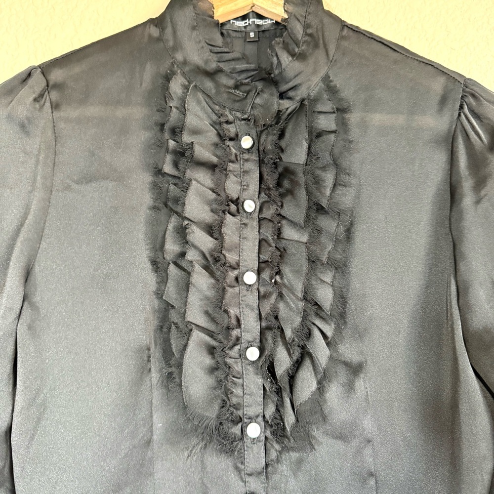 Women's Black Ruffle Front Button Blouse Flowy Y2K Style Size S Whimsigoth - Picture 3 of 7
